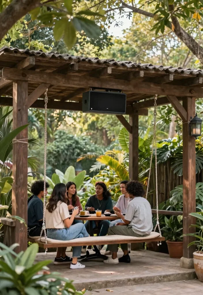 14 Pergola With Swing Ideas That Turn Any Backyard Into a Retreat - 12. Pergola with Integrated Sound System and Swing 1