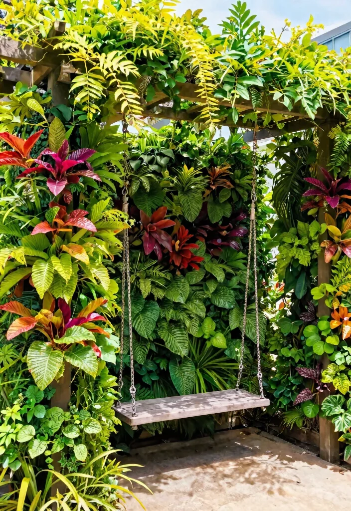 14 Pergola With Swing Ideas That Turn Any Backyard Into a Retreat - 14. Lush Green Pergola with Vertical Garden and Swing 1