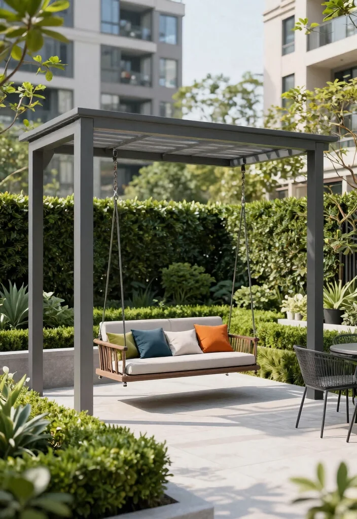 14 Pergola With Swing Ideas That Turn Any Backyard Into a Retreat - 2. Minimalist Steel Pergola with Cushioned Swing 1