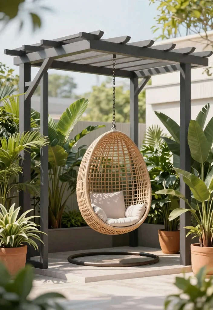 14 Pergola With Swing Ideas That Turn Any Backyard Into a Retreat - 4. Modern Pergola with Hanging Chair 1