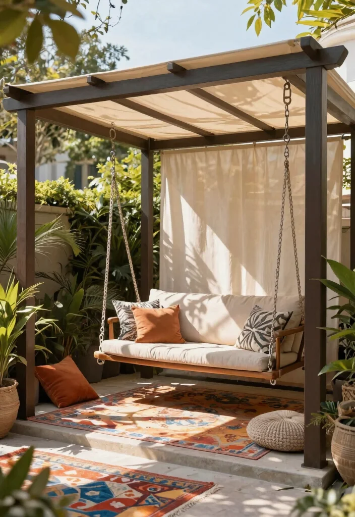 14 Pergola With Swing Ideas That Turn Any Backyard Into a Retreat - 9. Pergola with Shade Canopy and Swing 1