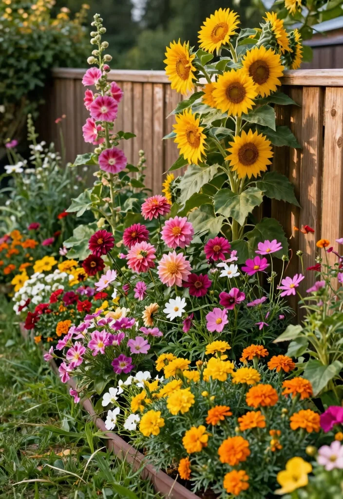 14 Raised Flower Beds Along Fence Ideas That Hide Eyesores - 2. Colorful Flower Cascade 1