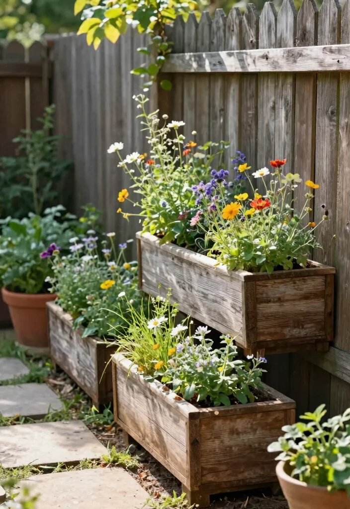 14 Raised Flower Beds Along Fence Ideas That Hide Eyesores - 3. Rustic Wooden Planters 1
