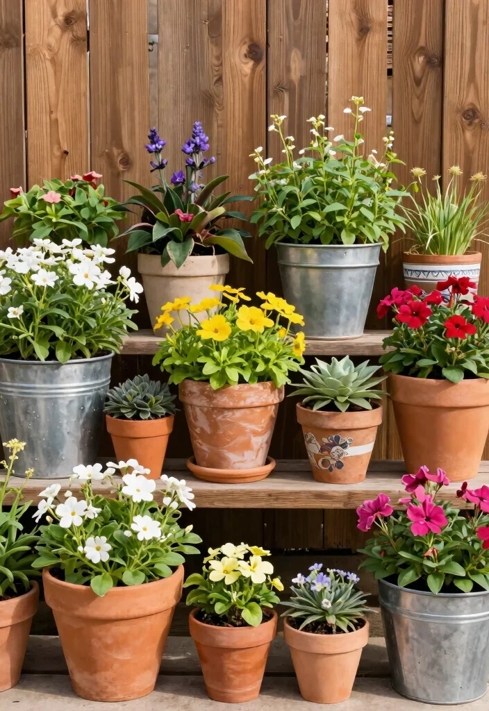 14 Raised Flower Beds Along Fence Ideas That Hide Eyesores - 8. Charming Container Gardens 1