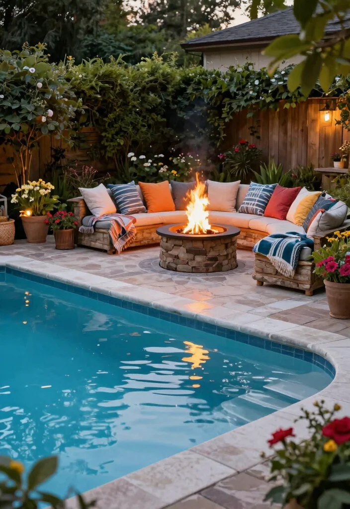 14 Small Backyard Pool Ideas That Fit Tight Lots - 6. Pool with Fire Pit Area 1