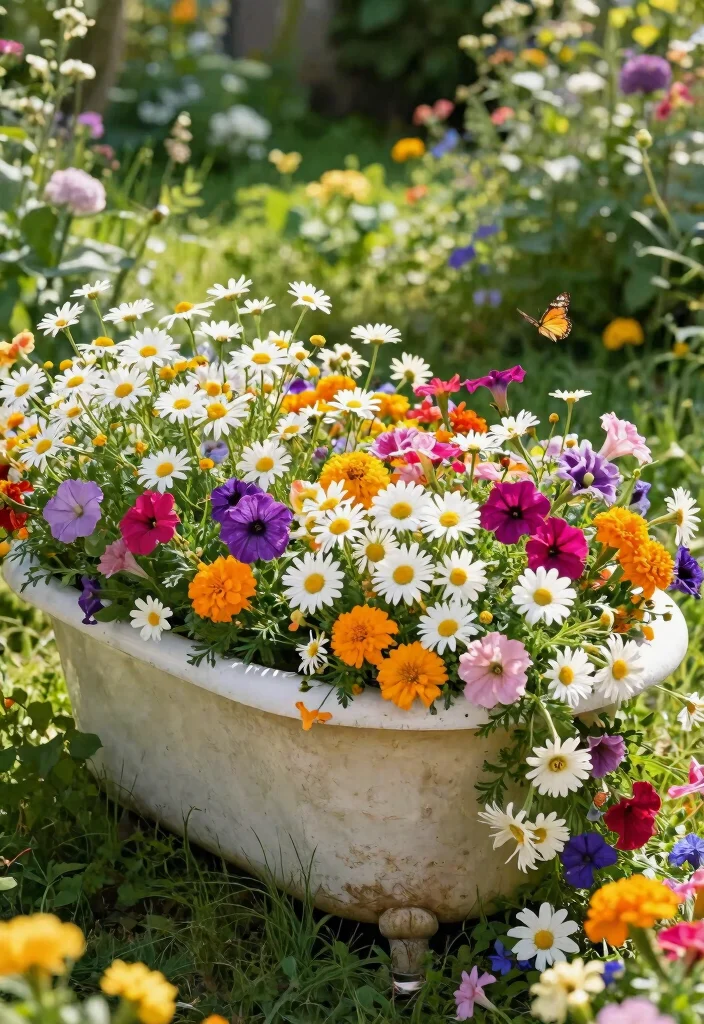 14 Wash Tub Planter Ideas That Add Farmhouse Charm for Under $20 - 3. Whimsical Flower Arrangement 1