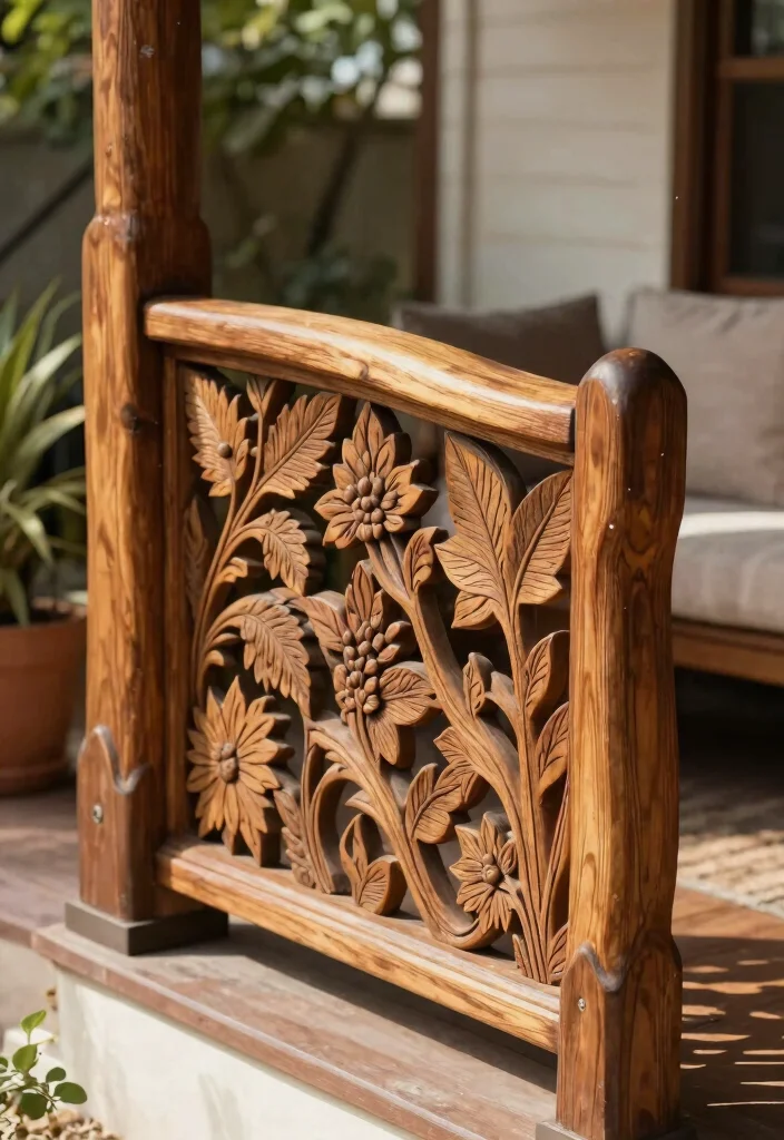 14 Wood Porch Railings Ideas That Meet Code Without Blocking Views - 12. Custom Engraved Designs 1