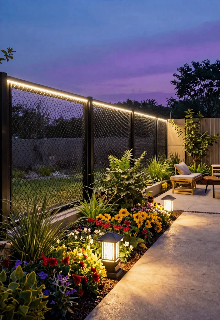 15 Black Chain Link Fence Ideas That Actually Look Modern - 4. Integrated Lighting Solutions 1