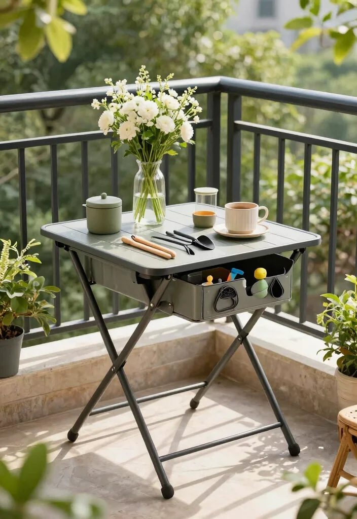 15 Compact Balcony Table Ideas That Fold Away When Not in Use - 12. Smart Folding Table with Built-in Storage 1