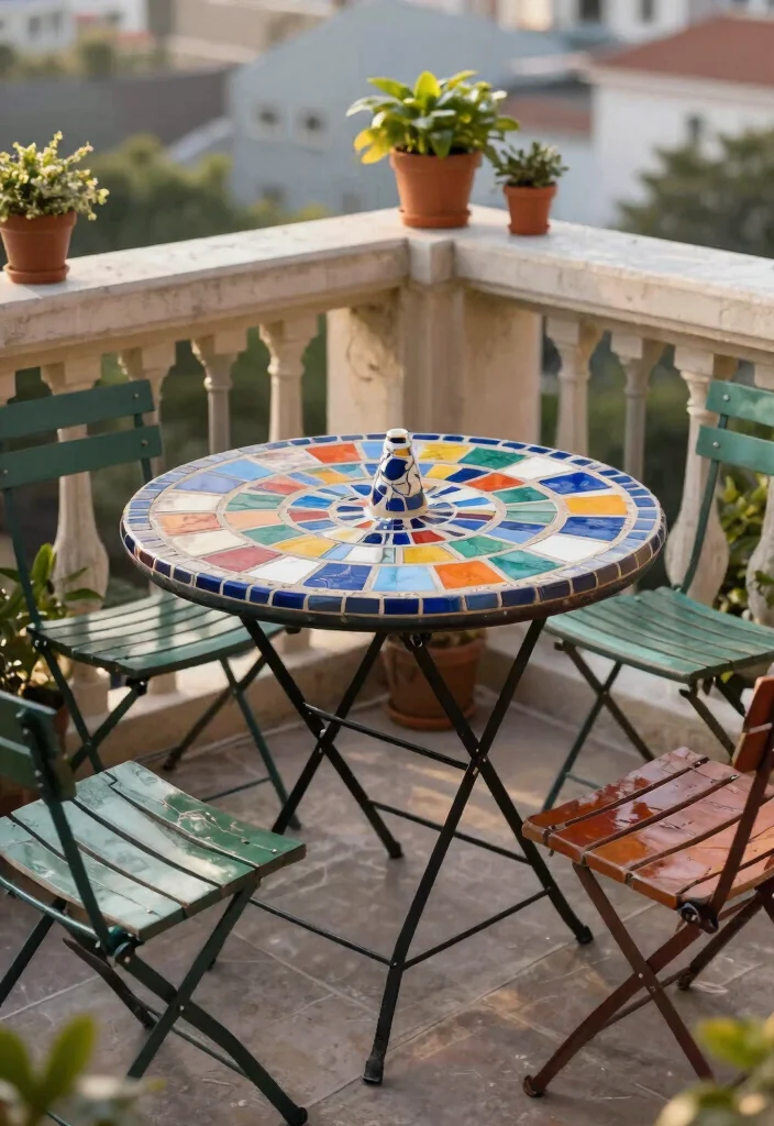 15 Compact Balcony Table Ideas That Fold Away When Not in Use - 14. Artistic Mosaic Folding Table 1