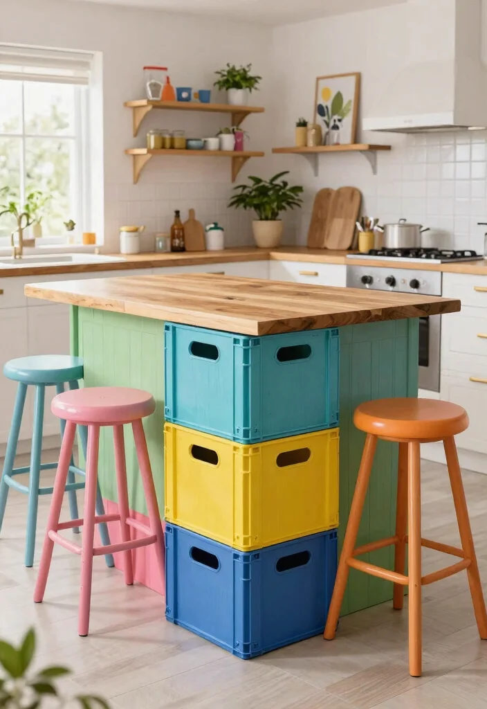 15 Farmhouse Kitchen Island Ideas on a Budget That Look Custom-Built - 12. Painted Milk Crate Island 1