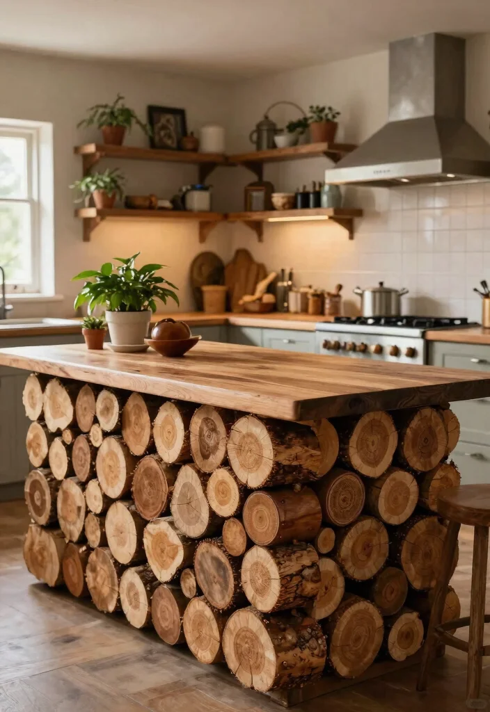 15 Farmhouse Kitchen Island Ideas on a Budget That Look Custom-Built - 14. Stacked Wood Logs Island 1