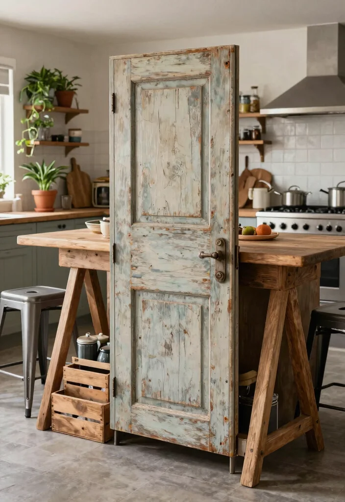 15 Farmhouse Kitchen Island Ideas on a Budget That Look Custom-Built - 2. Vintage Door Island 1