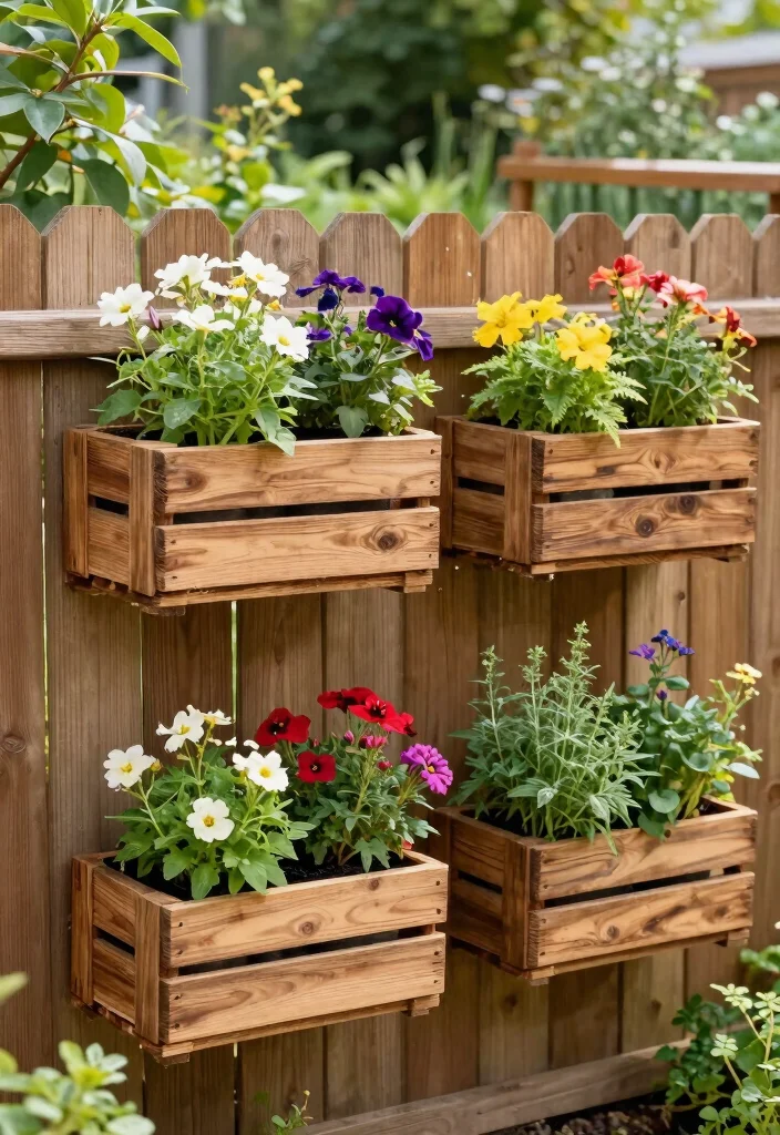 15 Fence Hanging Planter Ideas That Don't Damage Wood or Vinyl - 10. Repurposed Wood Crate Planters 1