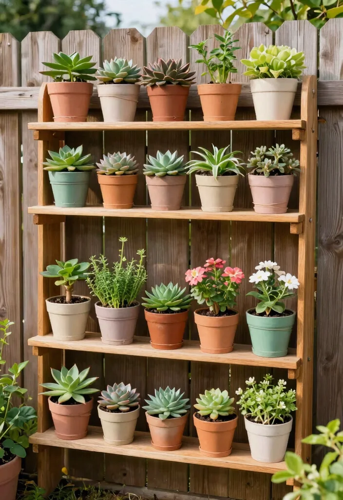 15 Fence Hanging Planter Ideas That Don't Damage Wood or Vinyl - 2. Vertical Wooden Plant Shelves 1