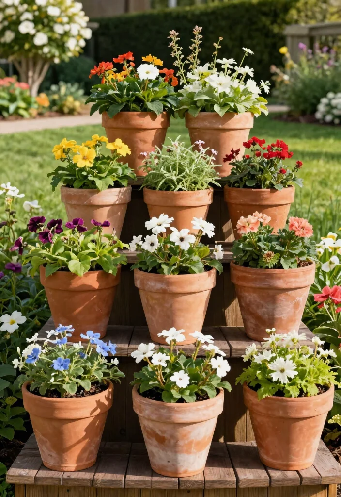 15 Fence Hanging Planter Ideas That Don't Damage Wood or Vinyl - 6. Terracotta Pot Stacked Planters 1