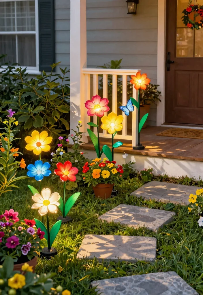 15 Front Porch Light Ideas That Work Without Rewiring - 6. Decorative Solar Stake Lights 1