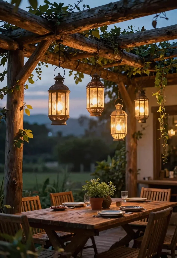 15 Outdoor Ceiling Light Ideas That Resist Bugs and Moisture - 1. Rustic Lanterns Hanging from Beams 1