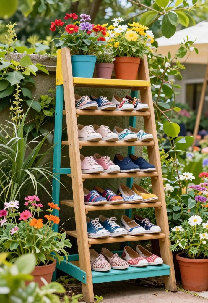 15 Outdoor Shoe Storage Ideas That Keep Mud and Clutter Out of the House - 7. Shoe Ladder Display 1