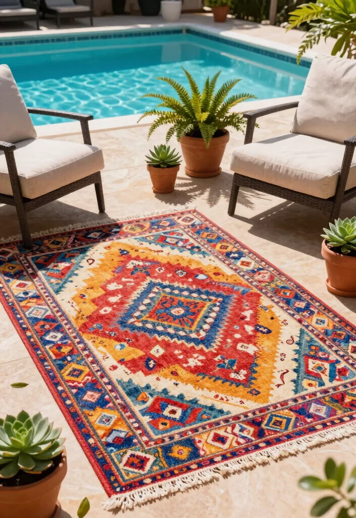 15 Pool Patio Design Ideas That Handle Splashes and Sun Exposure - 1. Splash-Proof Outdoor Rugs 1