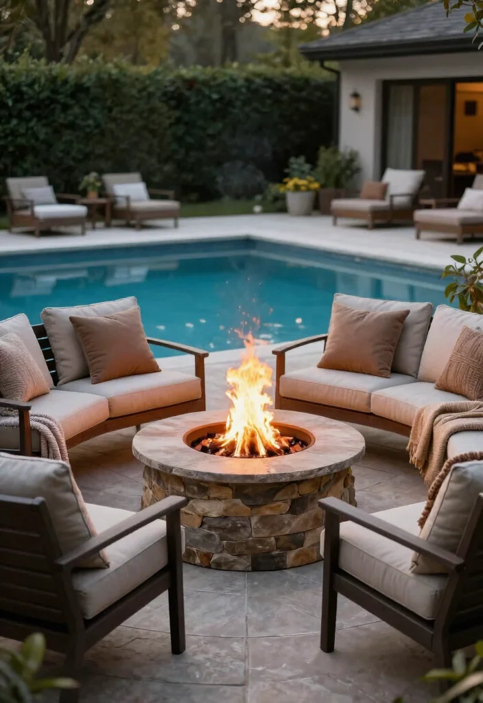 15 Pool Patio Design Ideas That Handle Splashes and Sun Exposure - 10. Cozy Fire Pit Area 1