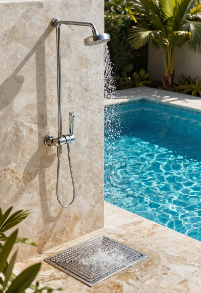15 Pool Patio Design Ideas That Handle Splashes and Sun Exposure - 11. Poolside Shower 1