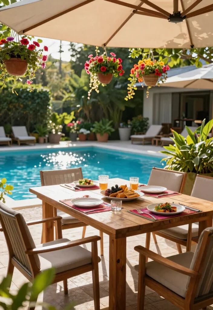 15 Pool Patio Design Ideas That Handle Splashes and Sun Exposure - 12. Outdoor Dining Space 1