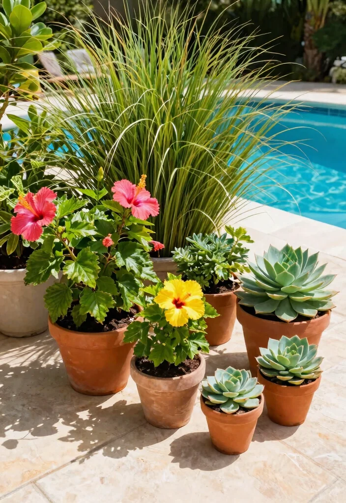 15 Pool Patio Design Ideas That Handle Splashes and Sun Exposure - 3. Sun-Friendly Plants 1