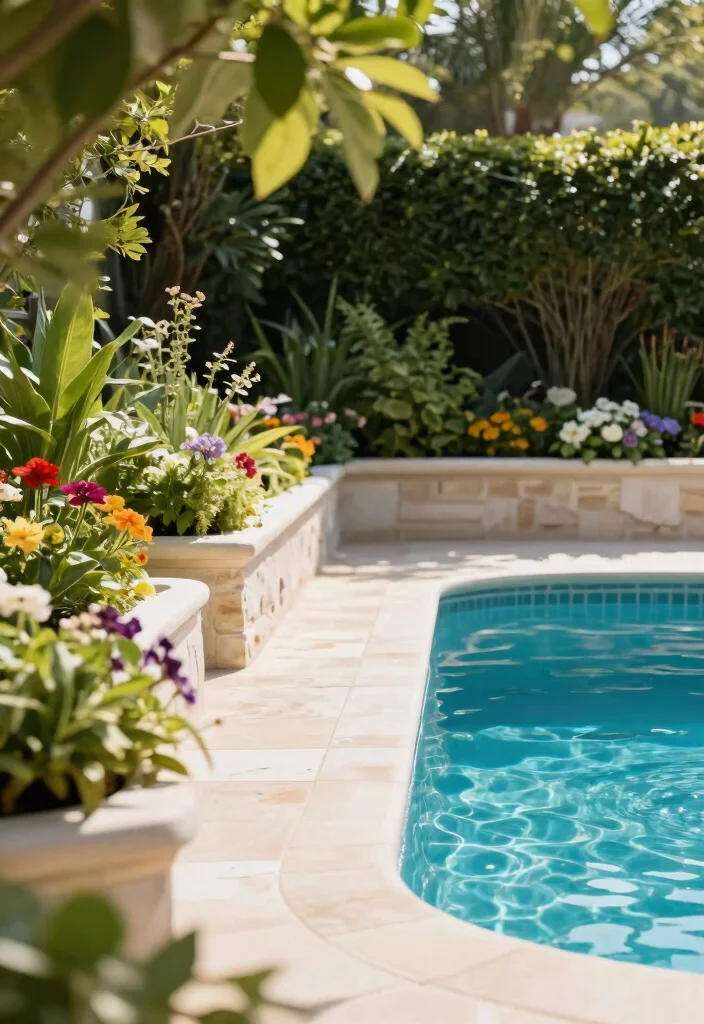 15 Pool Patio Design Ideas That Handle Splashes and Sun Exposure - 9. Built-In Planters for Aesthetic Appeal 1