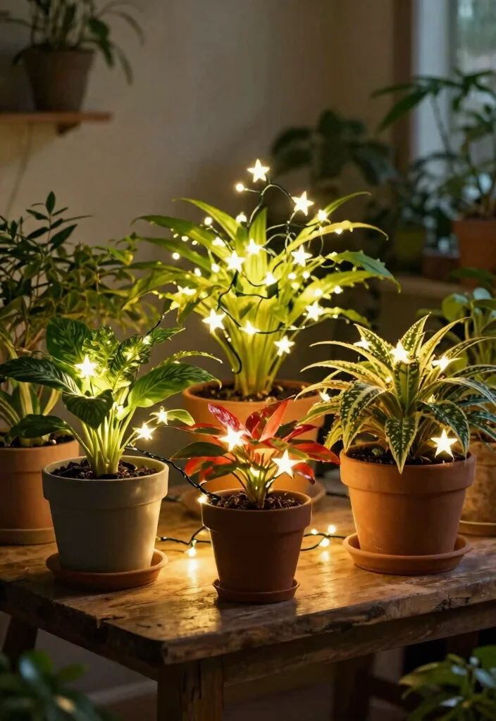 15 Star Ceiling Light Ideas That Install Without Rewiring - 9. LED Star String Lights in Planters 1