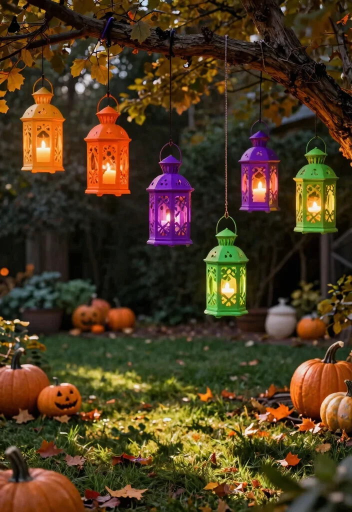 15 Weather-Resistant Halloween Outdoor Decoration Ideas - 3. Colorful Outdoor Lanterns 1