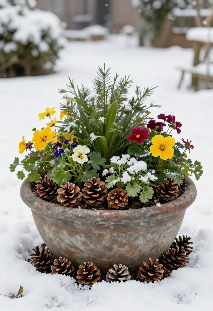 15 Winter Planter Ideas That Survive Freezing Temps and Look Full - 14. Playful Pine Cones 1
