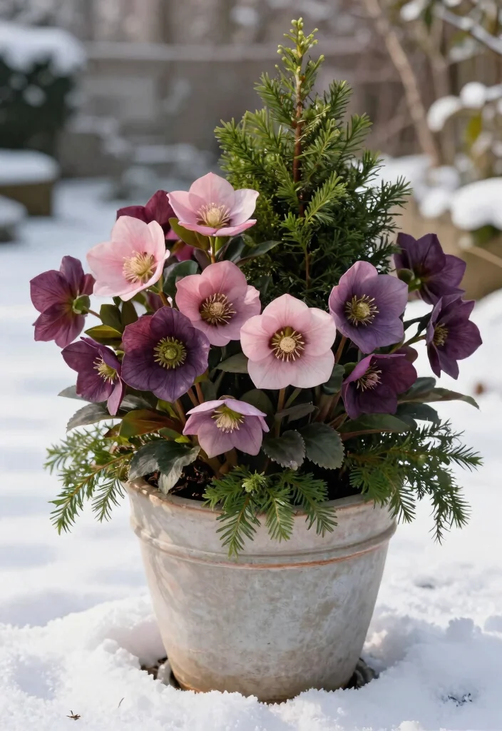 15 Winter Planter Ideas That Survive Freezing Temps and Look Full - 6. Bold Hellebores 1