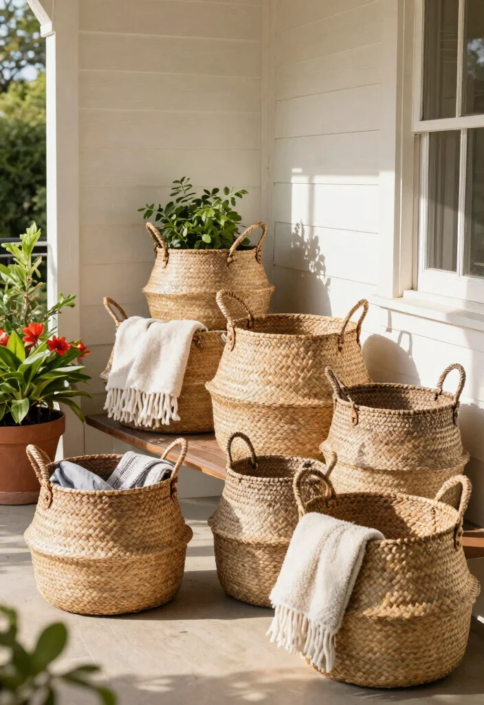 18 Summer Porch Decor Ideas That Stay Put in Wind and Rain - 11. Woven Baskets 1