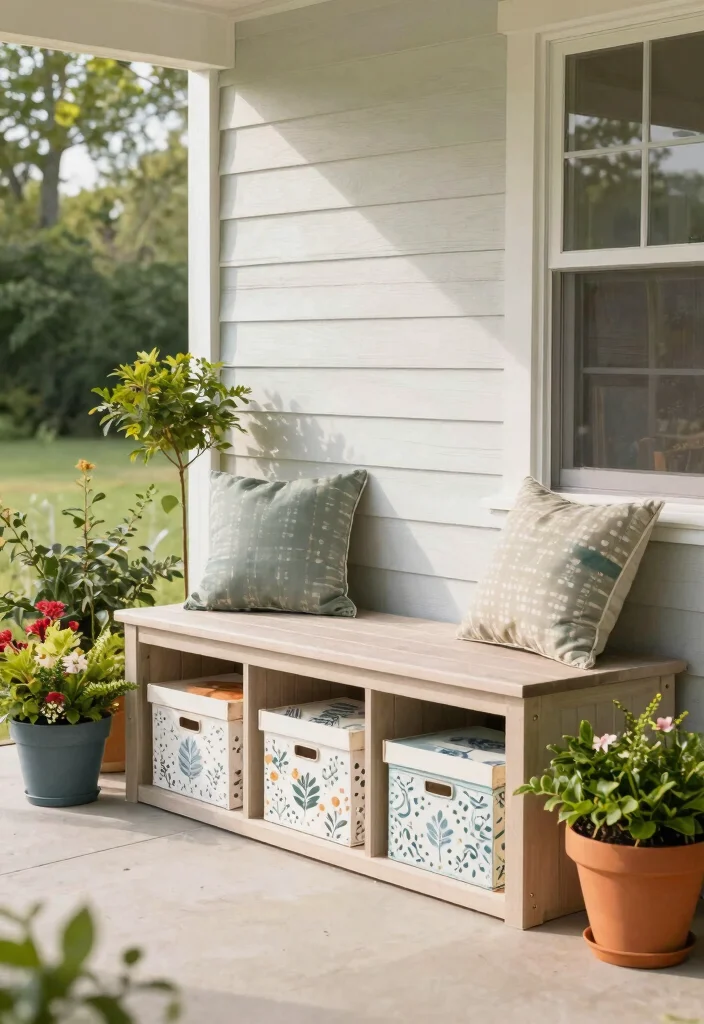 18 Summer Porch Decor Ideas That Stay Put in Wind and Rain - 16. Practical Storage Solutions 1