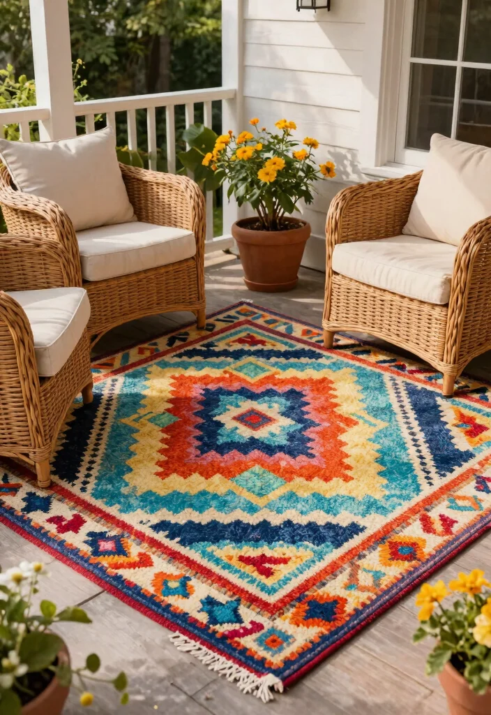 18 Summer Porch Decor Ideas That Stay Put in Wind and Rain - 4. Sturdy Outdoor Rugs 1