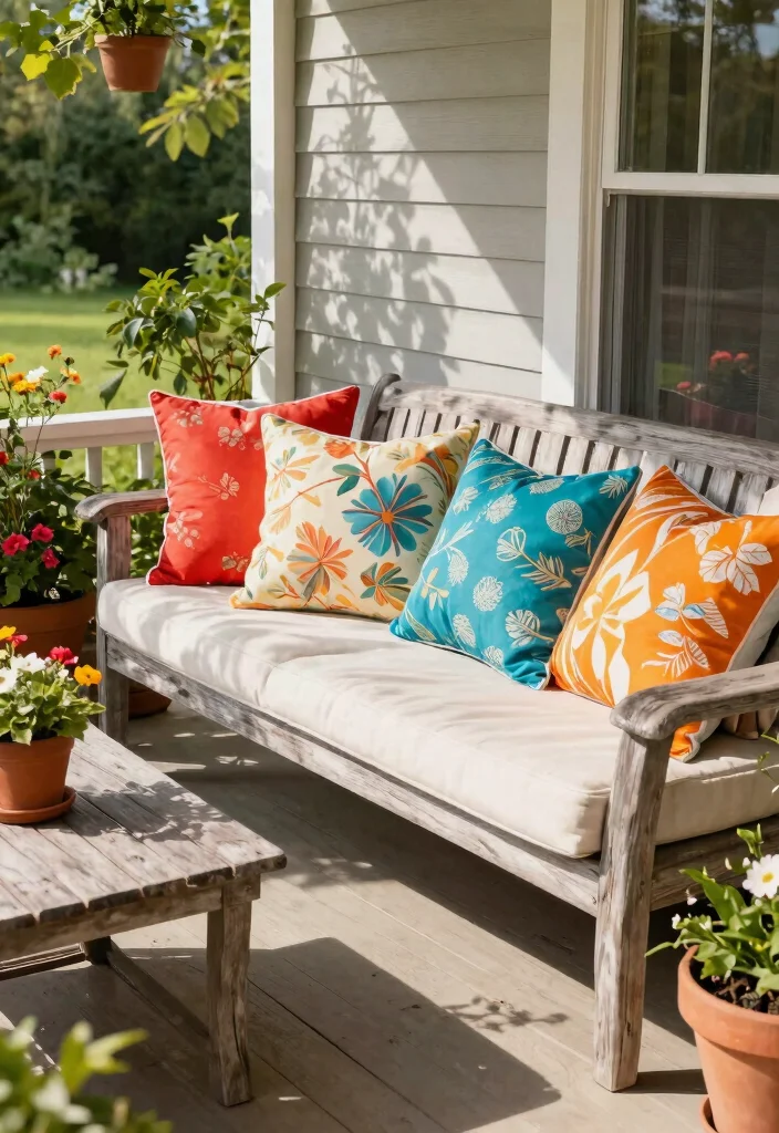 18 Summer Porch Decor Ideas That Stay Put in Wind and Rain - 9. Outdoor Pillows 1