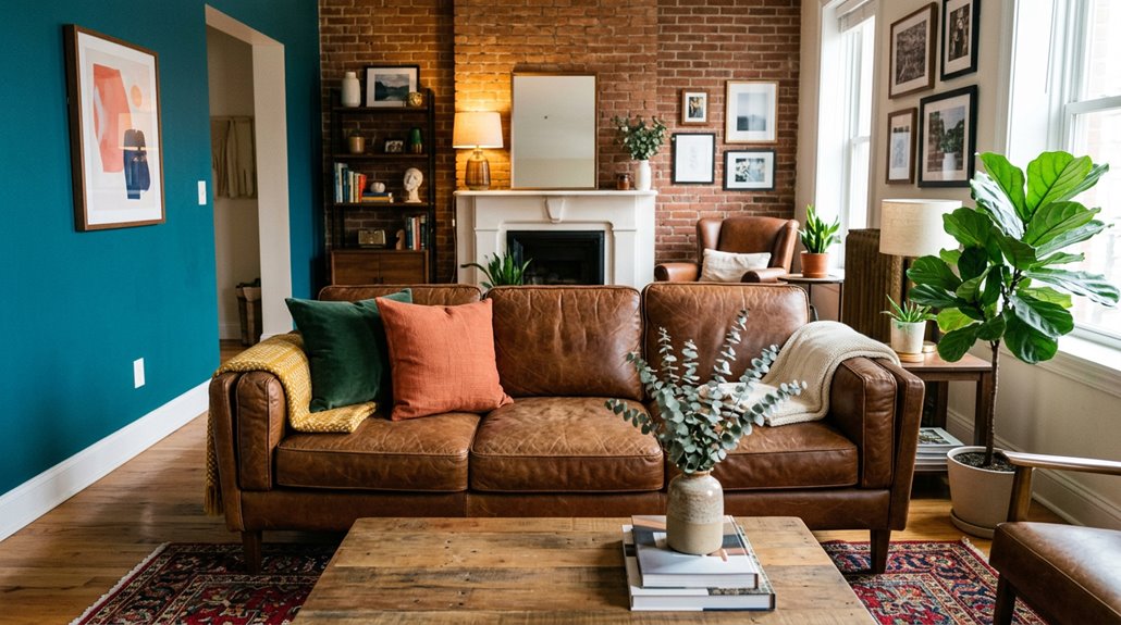 brown leather sofas with complementary colors