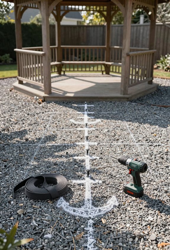 mark anchor points and secure gazebo legs