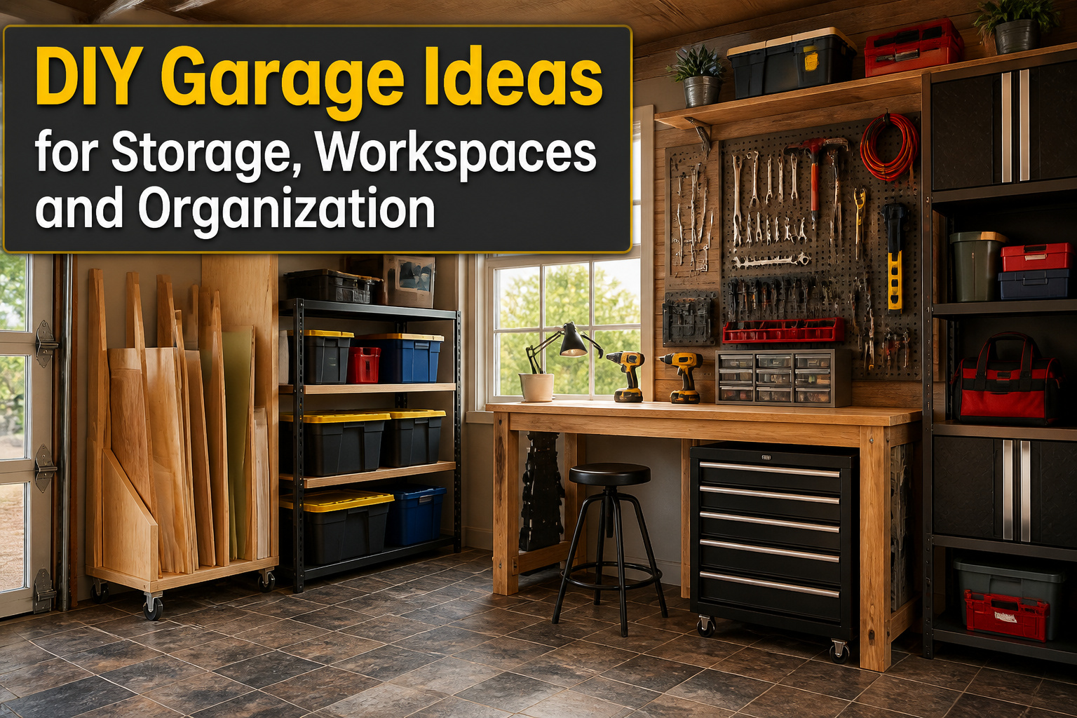 An organized garage with various storage solutions and workspace setups.