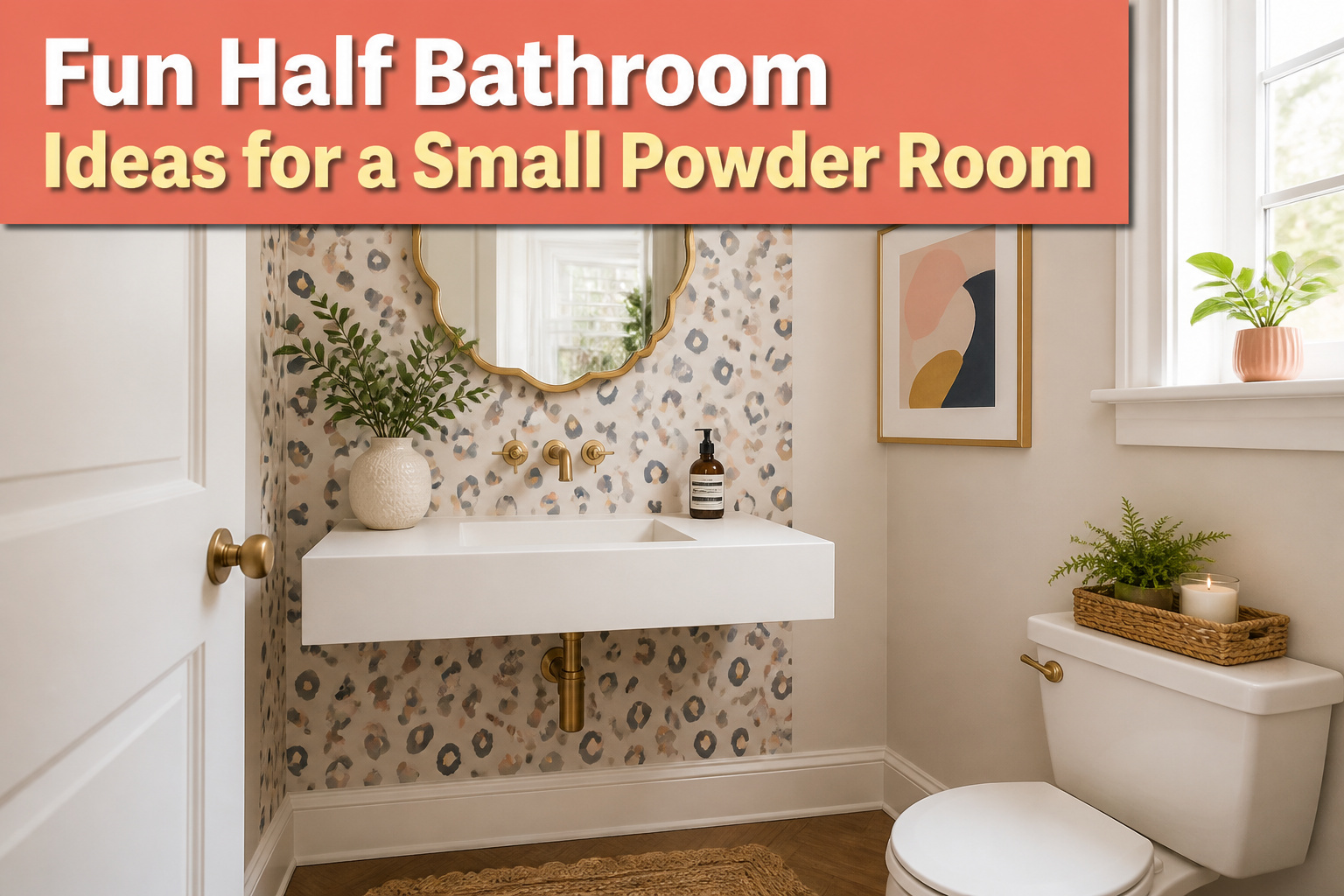 A contemporary half bathroom with bold wallpaper and a sleek sink.