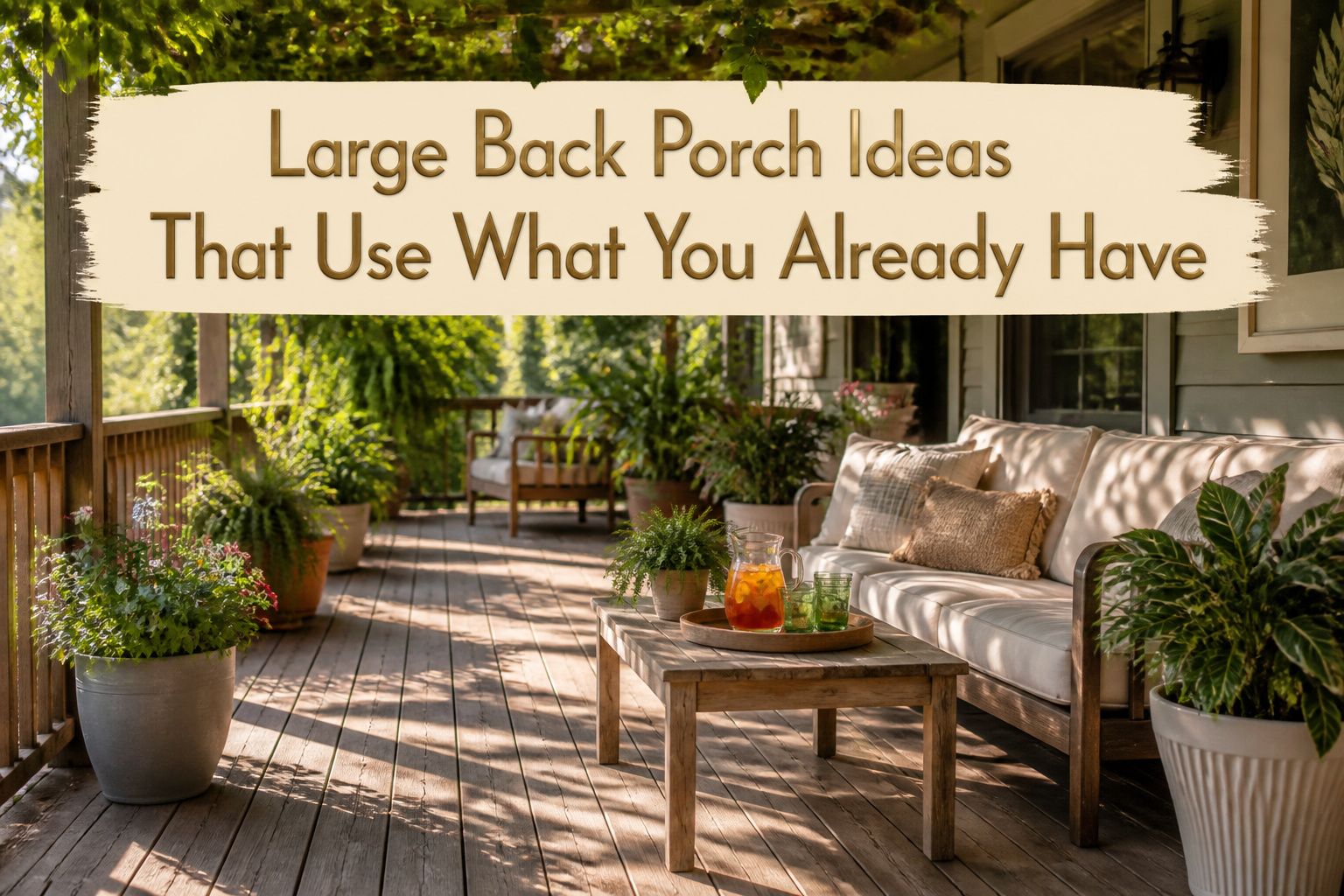 A spacious back porch with plants and comfortable seating arrangements.
