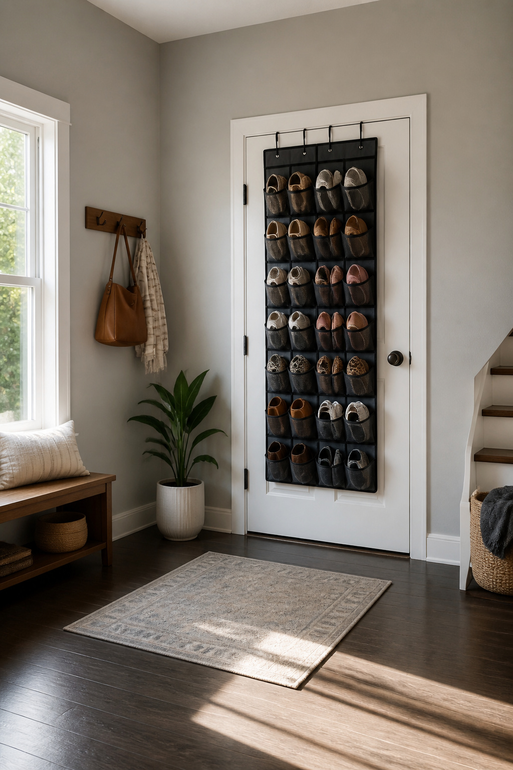 Wall-mounted shelves and a door rack for organizing small items.