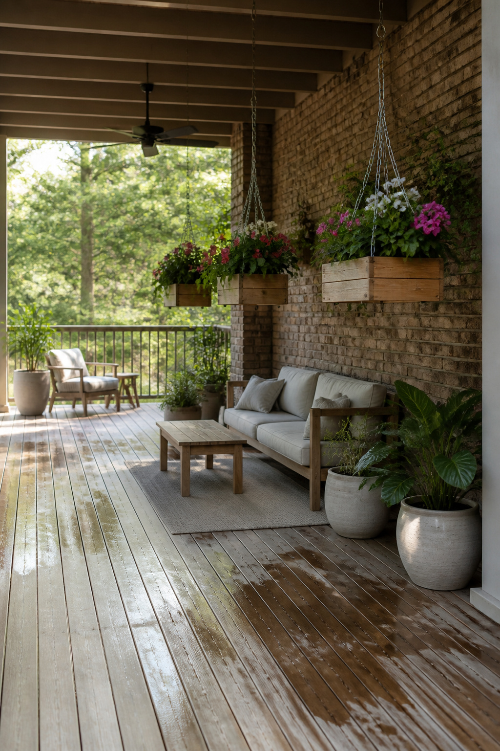 13 Large Back Porch Ideas That Use What You Already Have 2 Hanging planters with plants on a shaded back porch.