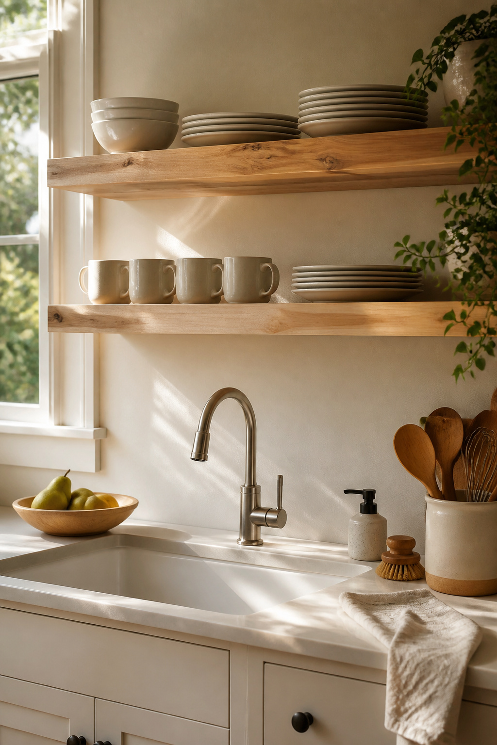Two pine shelves holding white plates and mugs above a sink.