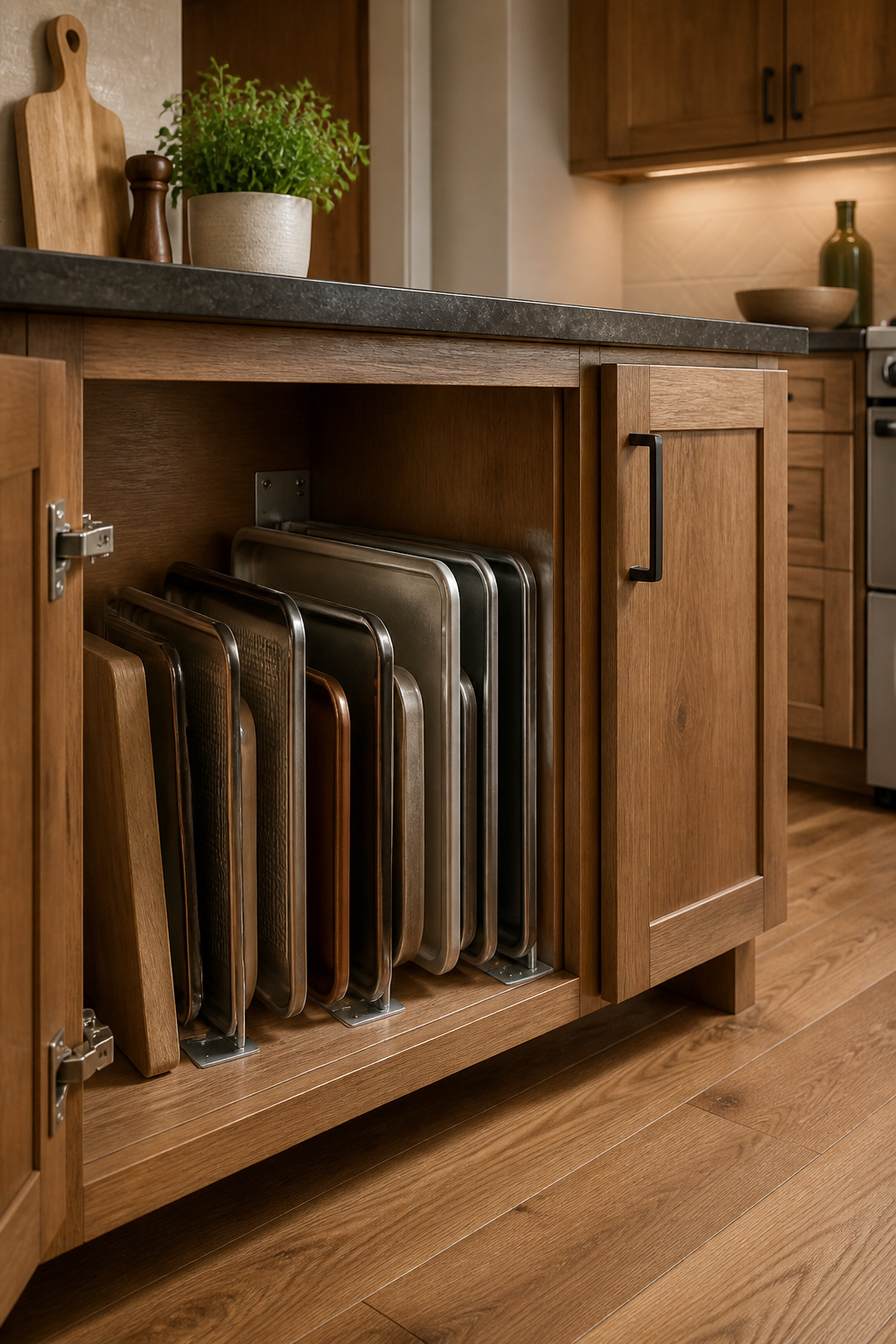 Metal dividers holding baking sheets upright in a cabinet.