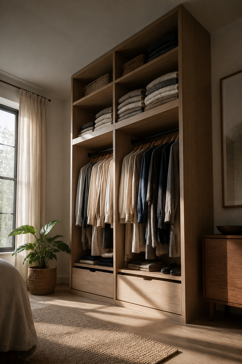 A built-in wardrobe reaching the ceiling with storage above.