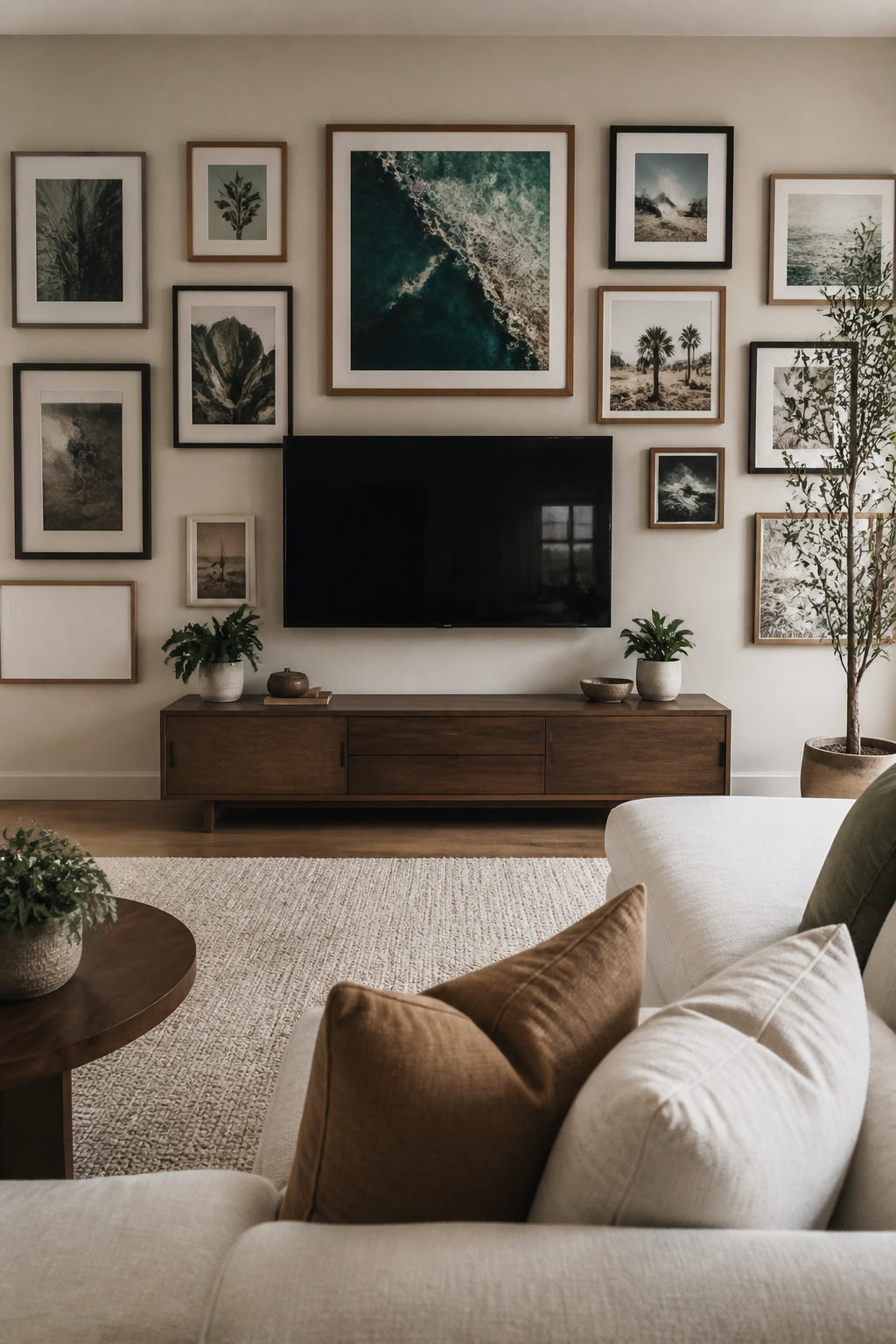 Living room with a TV surrounded by various framed artworks.