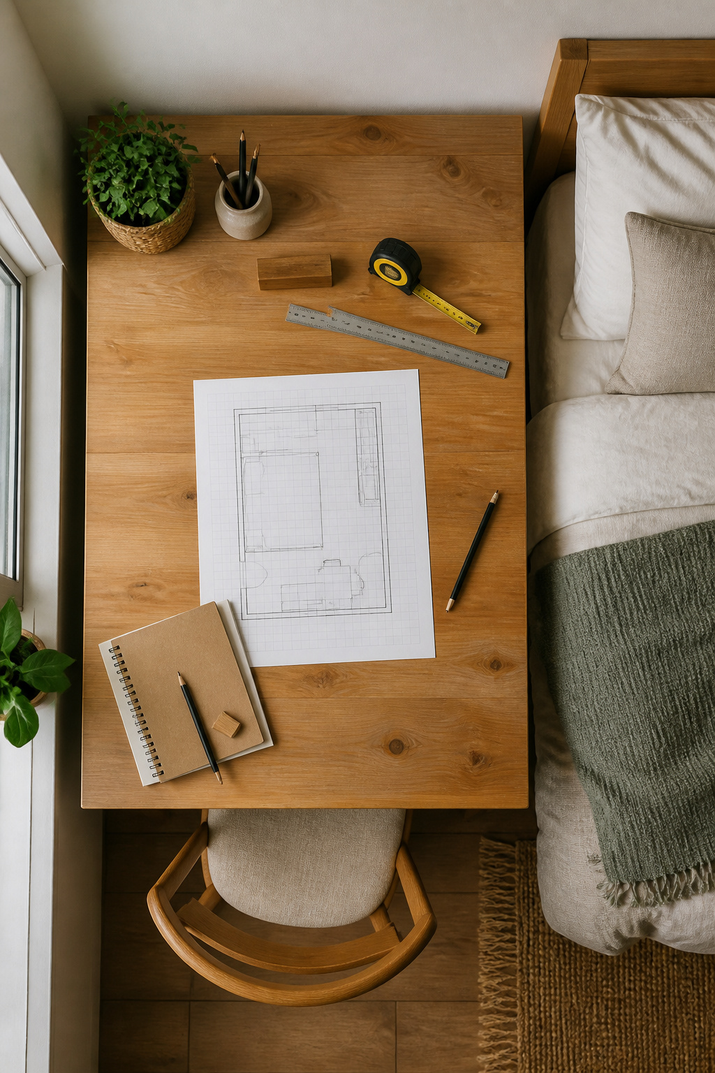A sketch of a floor plan with measurements for bedroom furniture.