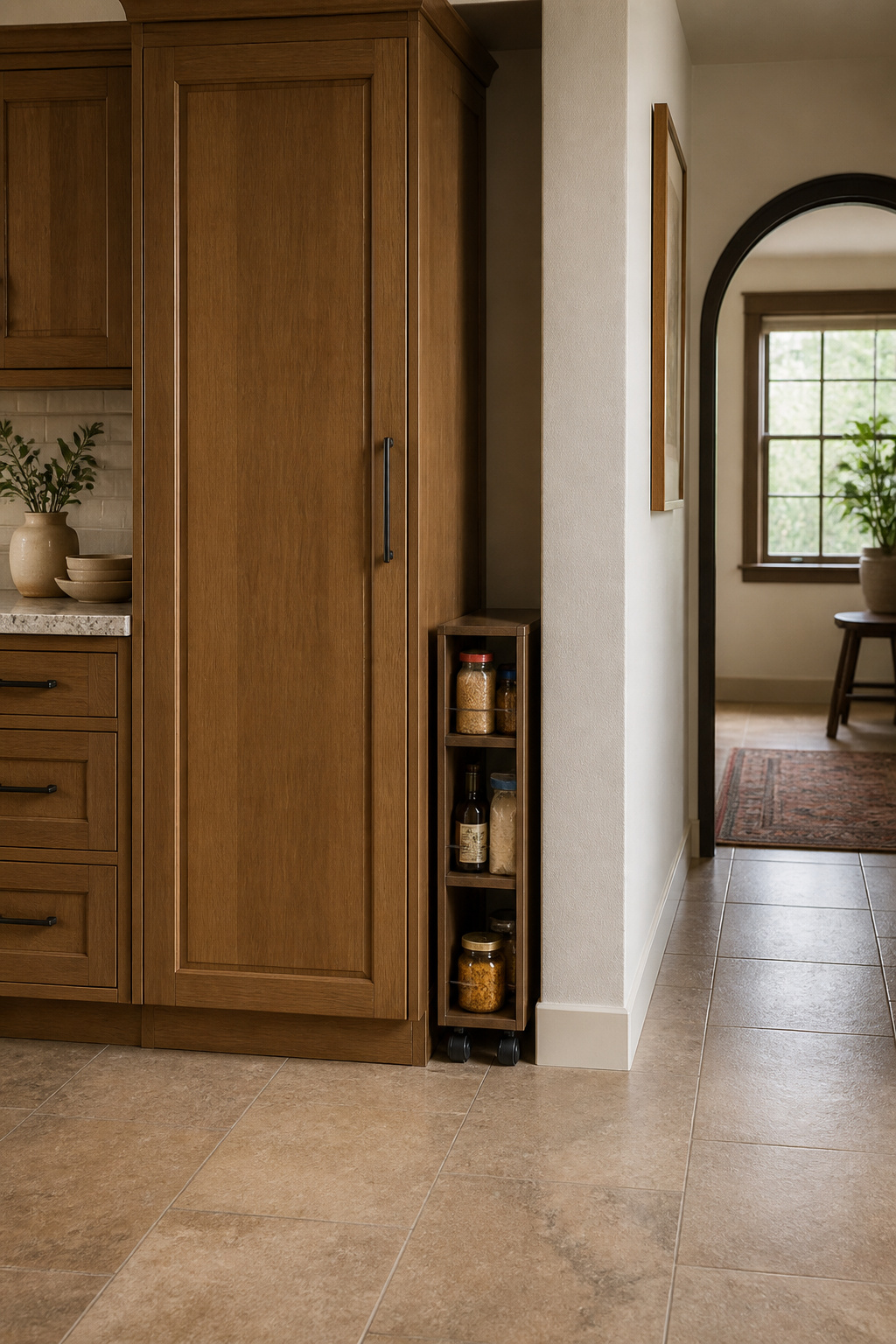 Slim rolling cart positioned between pantry cabinet and wall.